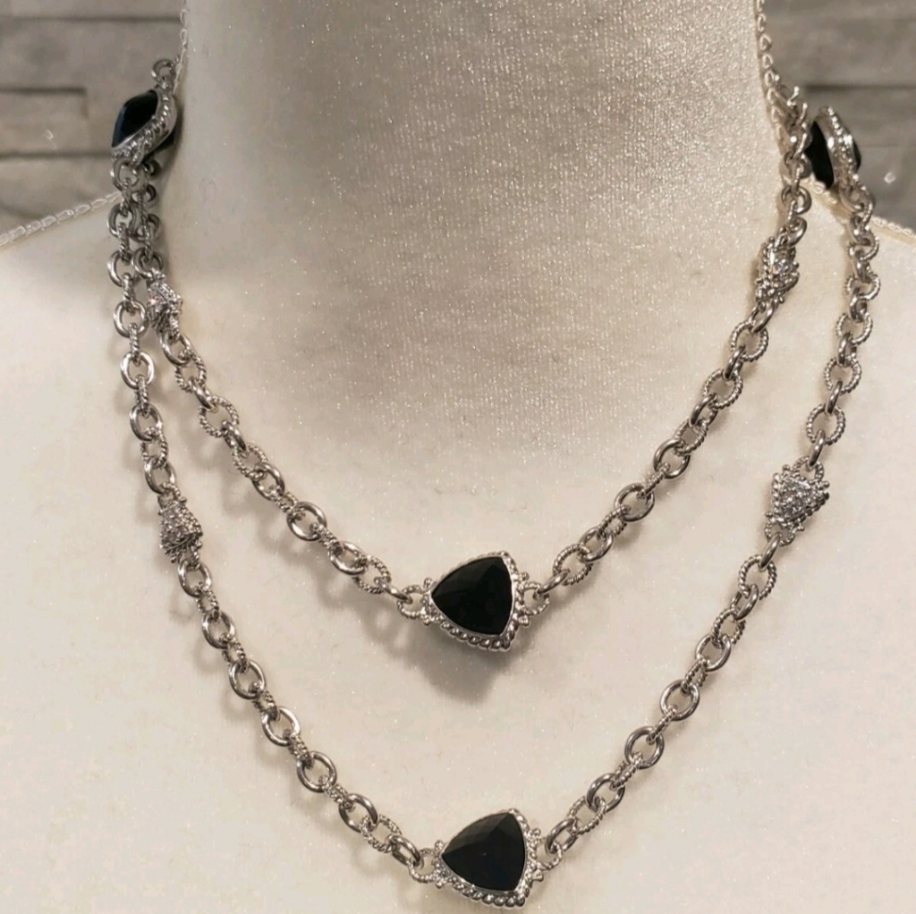 Judith Ripka Sterling Silver Diamonique And Onyx Long Chain Link Necklace